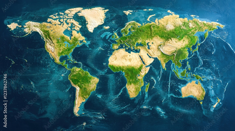 Obraz premium Detailed World Map Showing Continents Oceans and Terrain