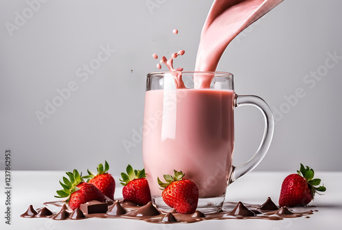 Delicious Strawberry Milk Pouring into Mug with Chocolate and Strawberries