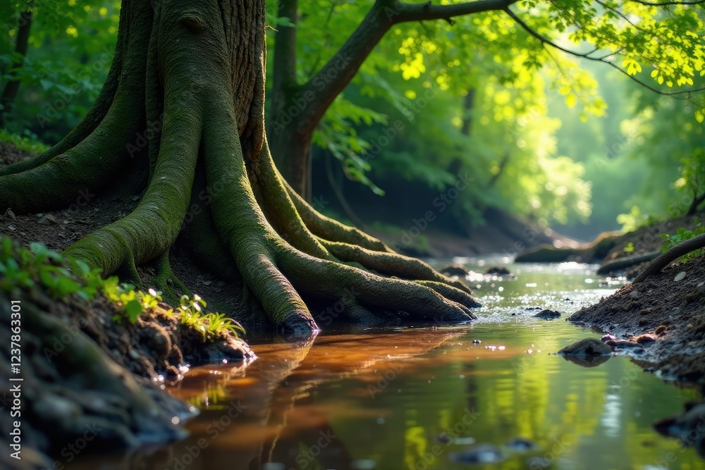 Ancient tree roots exposed in a shallow stream, , tree Ancient tree roots exposed in a shallow stream, , tree