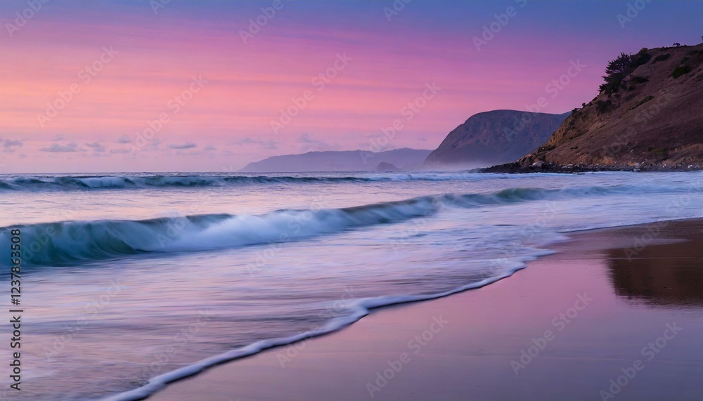 Fototapeta premium evening seascape with purple sky. tranquil scene of waves gently breaking at the shore and purple sky
