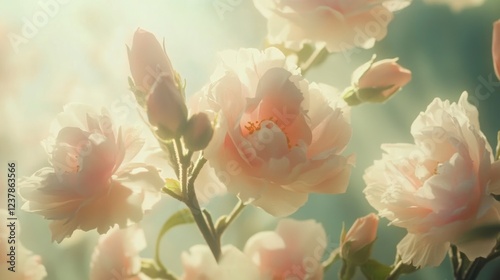 A close-up of delicate blossoms in full bloom, with the soft sunlight filtering through them, creating an ethereal and enchanting atmosphere. The background is blurred