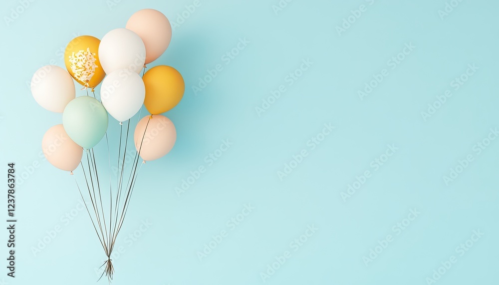 A cluster of colorful balloons in pastel shades floating against a light blue background A cluster of colorful balloons in pastel shades floating against a light blue background