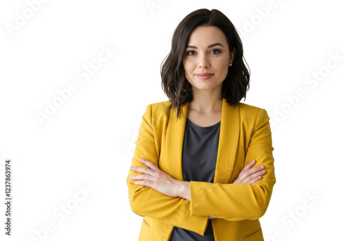 A professional woman with shoulder-length dark hair, wearing a yellow blazer over a dark gray shirt, standing in an office with arms crossed isolated on transparent background