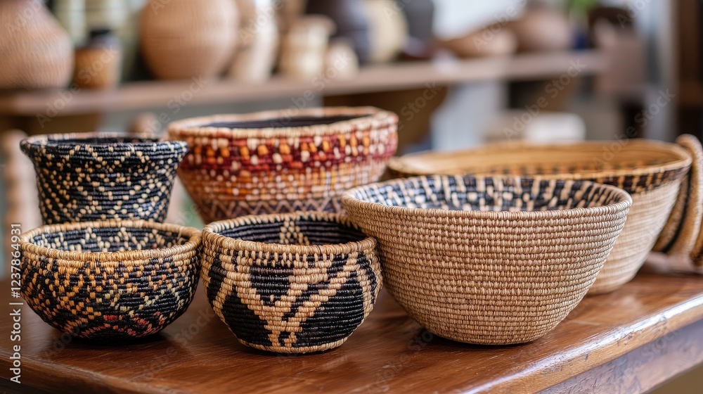 Woven Wonders: A collection of intricately woven baskets in varying sizes and patterns, showcasing diverse craftsmanship and cultural heritage, displayed on a rich wooden table. Woven Wonders: A collection of intricately woven baskets in varying sizes and patterns, showcasing diverse craftsmanship and cultural heritage, displayed on a rich wooden table.