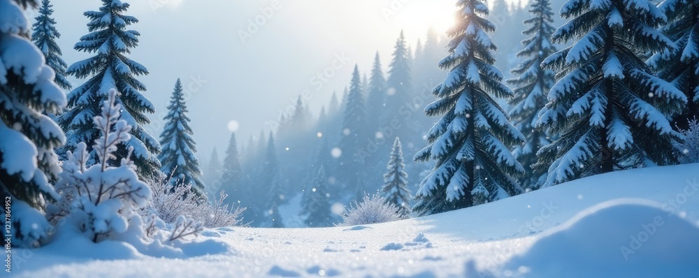 Obraz premium Softly falling snowflakes create a serene landscape amidst snow-covered evergreens, peaceful, serene