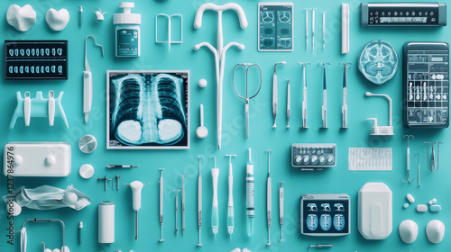 Medicine heart poster with vector surgery medications, human knee and hands X-ray, surgeon table and lamp, scalpel and syringe, crutch and gloves, pill drugs, blood dropper, ointment and scissors photo