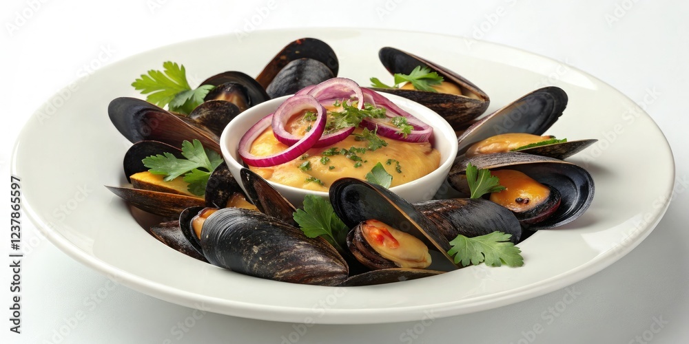 Steamed mussels on a white plate with a dollop of spicy aioli and sliced red onion garnished with fresh parsley, appetizer, , mussels, plate, food styling Steamed mussels on a white plate with a dollop of spicy aioli and sliced red onion garnished with fresh parsley, appetizer, , mussels, plate, food styling