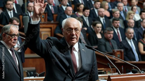 A politician or businessman stands confidently at a lectern, addressing a plenary session or large conference. The audience listens attentively as he discusses important issues and policies.