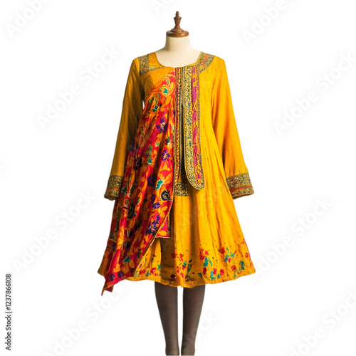 A traditional Punjabi kurta paired with fitted tights, elegantly draped on a mannequin, set against a white background to showcase its vibrant colors