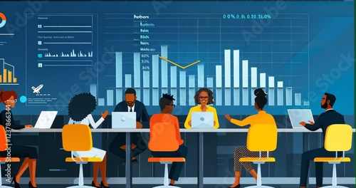 A business team analyzes dynamic data on a massive interactive screen, with animated charts, shifting lighting, and smooth camera movement enhancing the high-tech atmosphere.