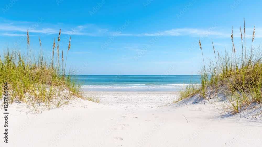 Beach pathway, dune grass, ocean view, summer day, travel postcard Beach pathway, dune grass, ocean view, summer day, travel postcard