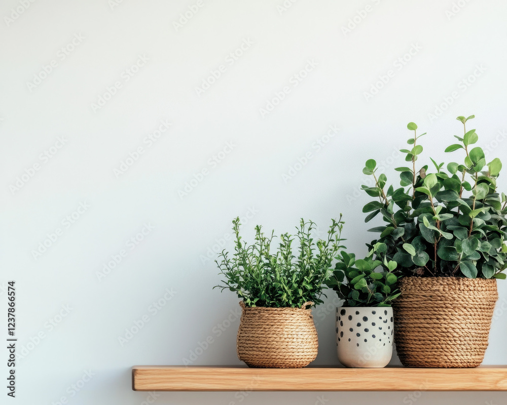 Fototapeta premium Stylish Indoor Plant Arrangement in Woven Baskets on Wooden Shelf Against Neutral Wall; Perfect for Home Decor and Botanical Inspiration