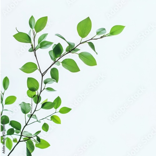 Spring branch, leaves, growth, white background, nature, minimal design, website, poster