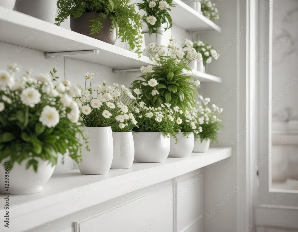 Fototapeta premium Stylish home interior with white shelving filled with fresh greenery and delicate white flowers, chic, delicate white flowers, home interior, stylish, botanical