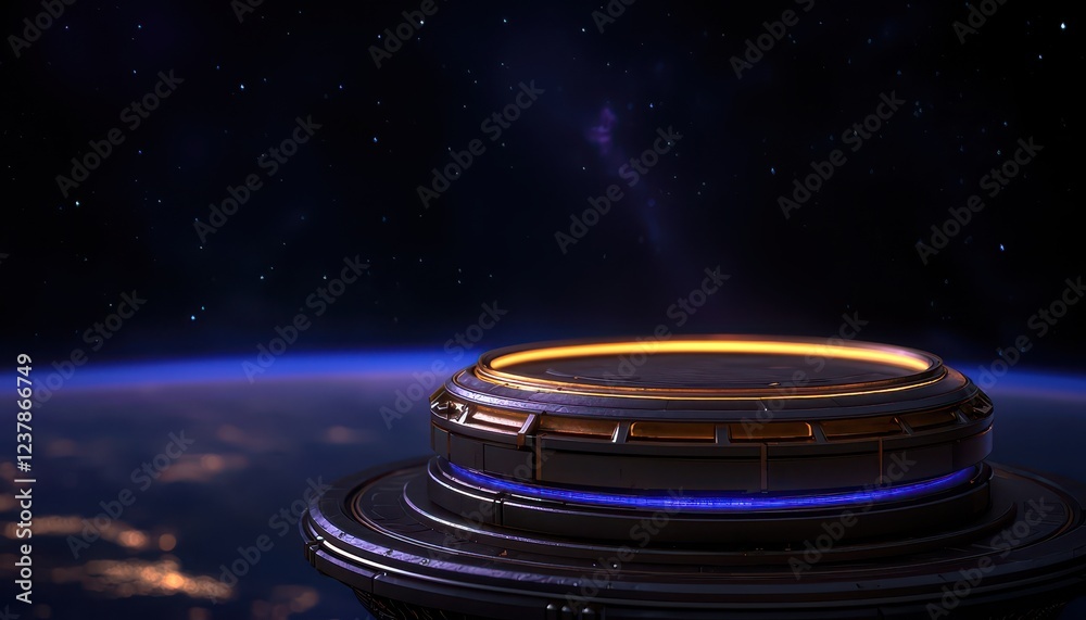 Obraz premium A futuristic platform orbiting Earth, surrounded by a stunning cosmic backdrop of stars and galaxies.