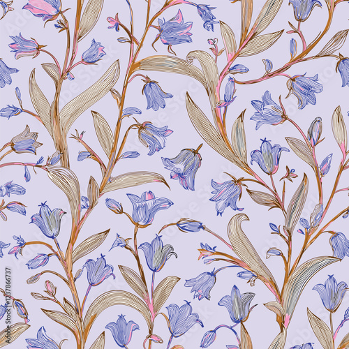 A floral wallpaper pattern featuring bluebell flowers on a white background.