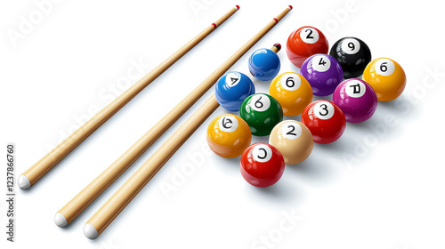 Pool or American billiards balls with numbers and cues. Vector icon of snooker colored balls and wooden gaming cue sticks for poolroom sport game symbol or championship tournament design template photo