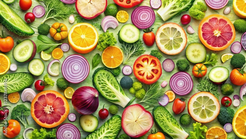 Vibrant Assortment of Freshly Sliced Fruits and Vegetables, a Colorful Display of Nature's Bounty, Perfect for Healthy Eating and Culinary Inspiration Vibrant Assortment of Freshly Sliced Fruits and Vegetables, a Colorful Display of Nature's Bounty, Perfect for Healthy Eating and Culinary Inspiration