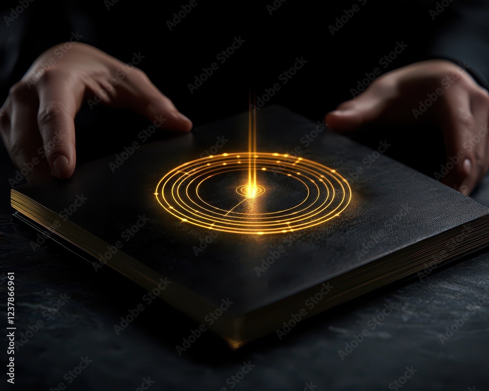 Obraz premium A glowing book with mystical symbols emanating light, perfect for representing knowledge and discovery.