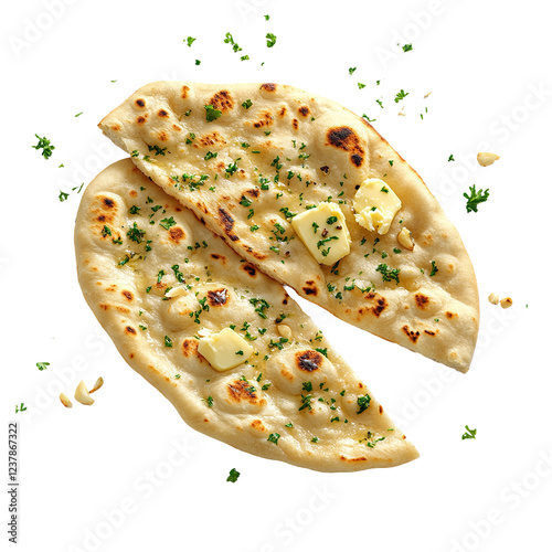 Naan bread with garlic and butter, captured in mid-air, showcasing its fluffy texture and golden color, isolated on white background photo