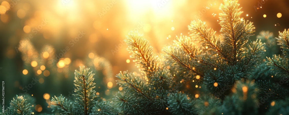 Fototapeta premium Golden Hour Enchantment: A Serene Winter Sunrise in the Evergreen Forest