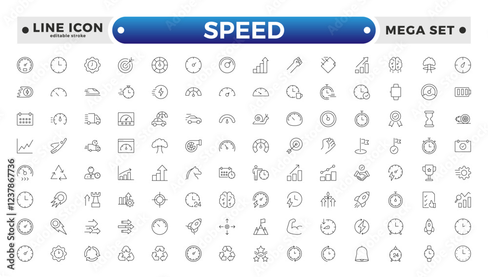 Speed icon set. Containing fast, slow, movement, productivity, indicator, turbo, speeding, gauge, express, and speedometer icons. Editable stroke outline icon. Speed icon set. Containing fast, slow, movement, productivity, indicator, turbo, speeding, gauge, express, and speedometer icons. Editable stroke outline icon.