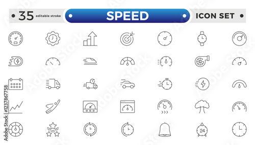 Speed icon set. Containing fast, slow, movement, productivity, indicator, turbo, speeding, gauge, express, and speedometer icons. Editable stroke outline icon.