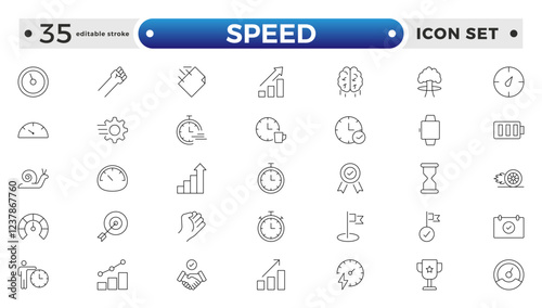 Speed icon set. Containing fast, slow, movement, productivity, indicator, turbo, speeding, gauge, express, and speedometer icons. Editable stroke outline icon.