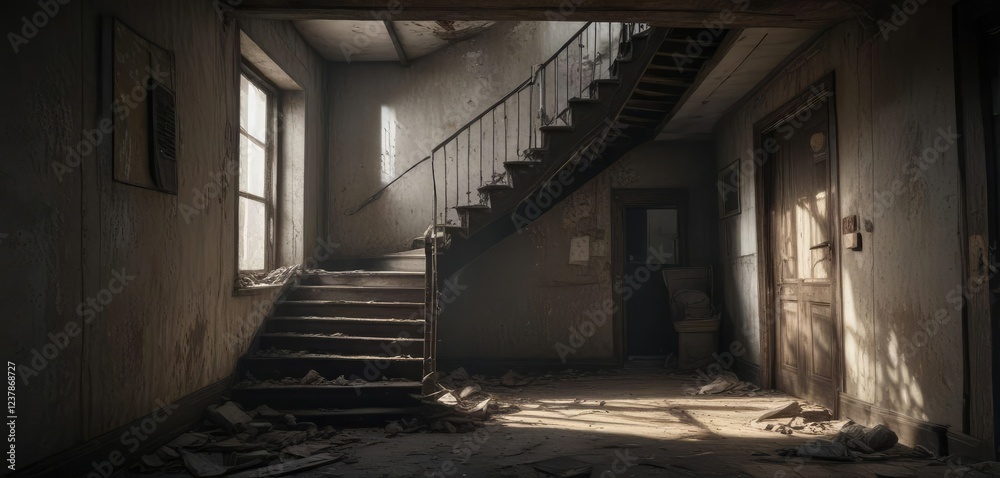 The dusty staircase in a decaying house leads to nowhere in the abandoned hallway, decaying house, empty corridors The dusty staircase in a decaying house leads to nowhere in the abandoned hallway, decaying house, empty corridors