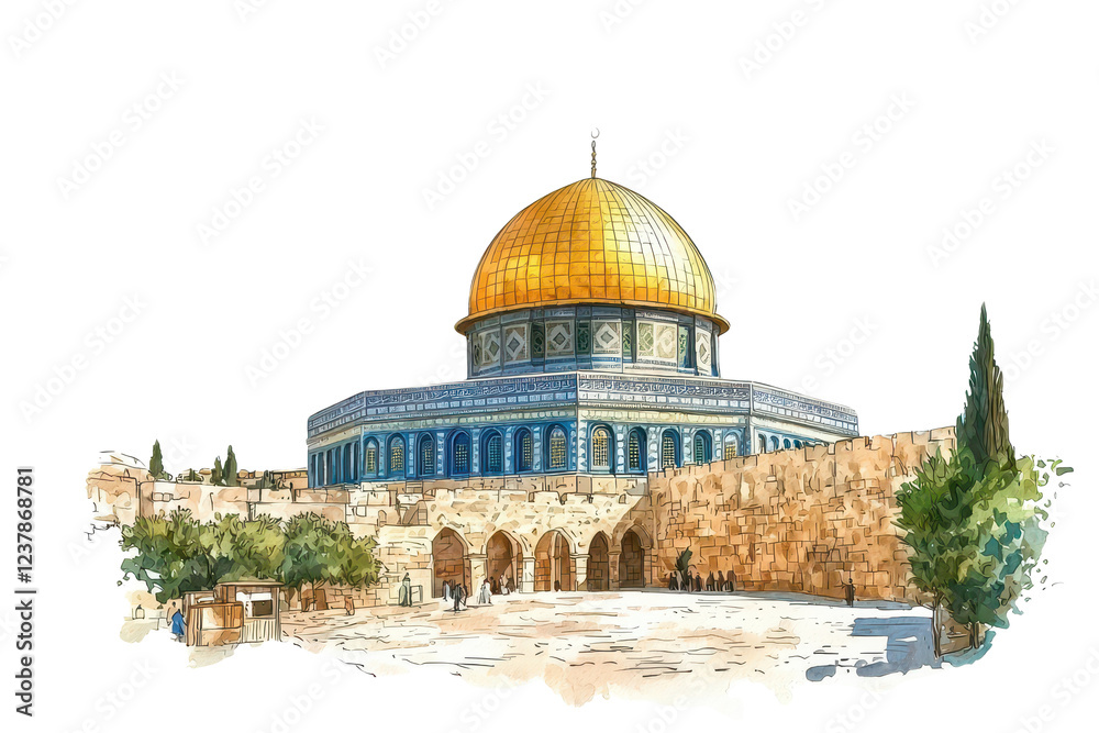 Fototapeta premium A beautifully illustrated depiction of the Dome of the Rock, showcasing its iconic golden dome and intricate architecture.