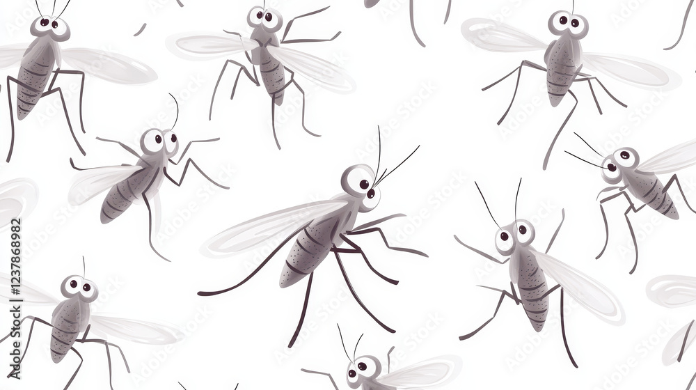 Seamless pattern with funny little gray mosquito cartoon characters on white background for childish wallpaper or decor design Seamless pattern with funny little gray mosquito cartoon characters on white background for childish wallpaper or decor design