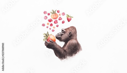 A gorilla curiously holds an apple surrounded by floating fruits, set against a plain background