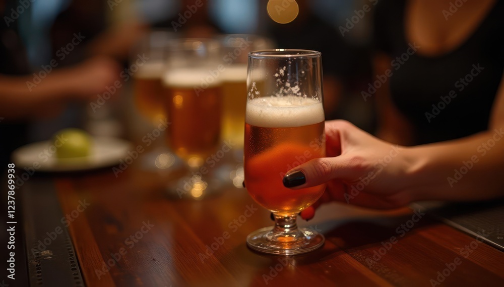 A Hand Holding a Glass of Beer at a Bar A Hand Holding a Glass of Beer at a Bar