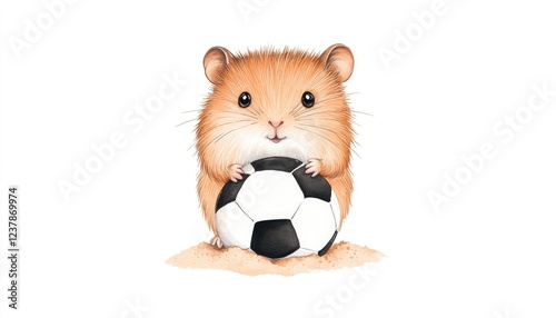 Cute hamster holding a soccer ball, set against a simple white background, ideal for children's themes