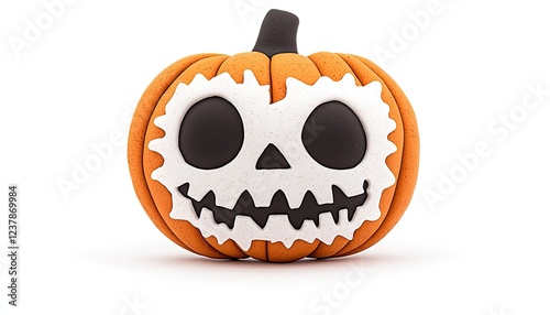 A whimsical Halloween pumpkin with a skull design, set against a plain white background