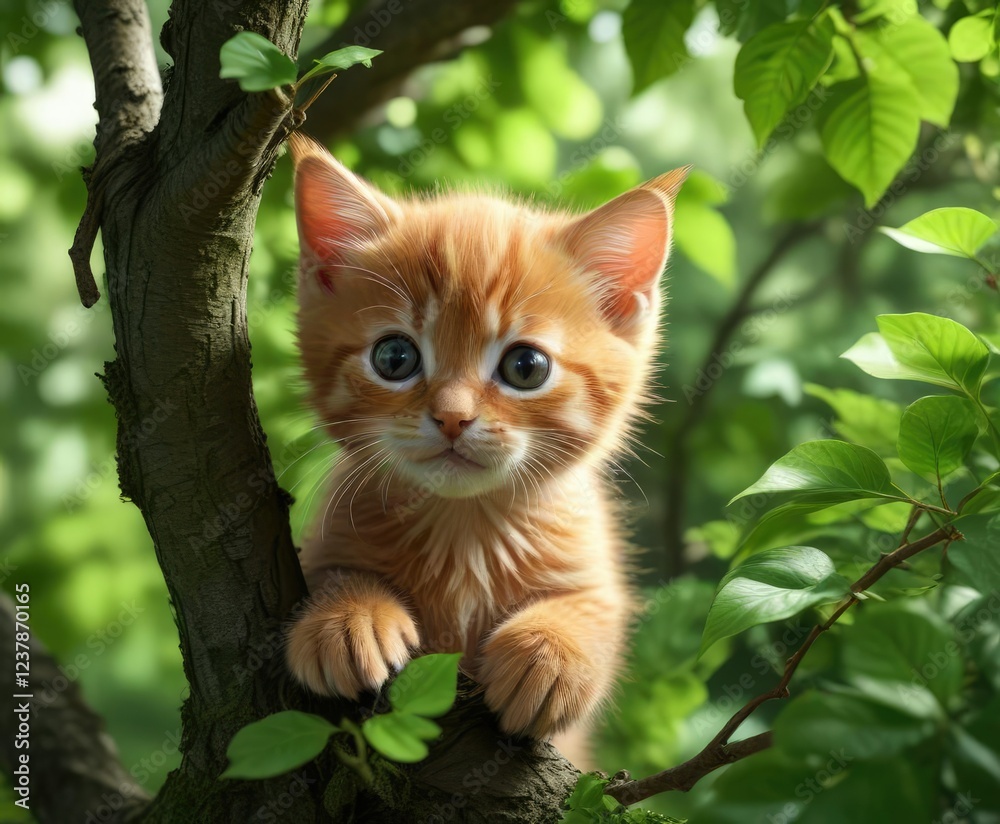 Tiny red kitten peeking out from behind a leafy branch on a vibrant green tree, hidden kitten, small predator Tiny red kitten peeking out from behind a leafy branch on a vibrant green tree, hidden kitten, small predator