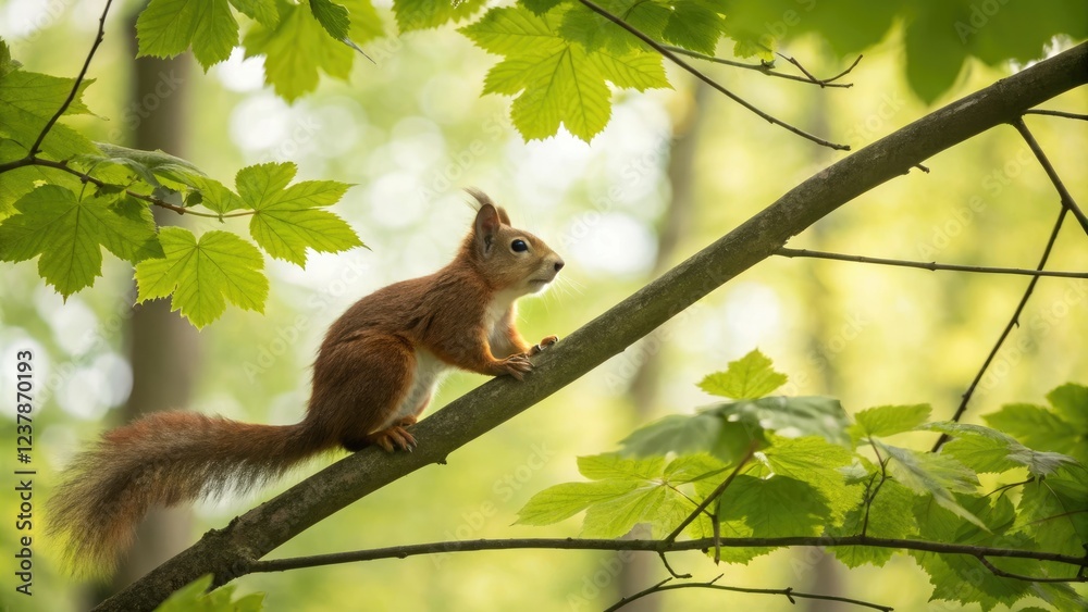 Tiny red squirrel perched on a thin branch in a lush forest canopy, wildlife, claws, trees, bushy Tiny red squirrel perched on a thin branch in a lush forest canopy, wildlife, claws, trees, bushy