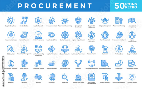 Procurement icons set with supplier compliance, vendor bidding, supplier network, procurement audit, procurement outsourcing, procurement compliance icon. Simple retro vector 
