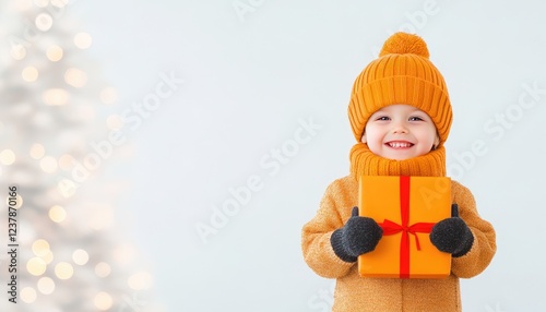 Cheerful child in warm winter attire holding a gift, with a softly lit Christmas tree in the background