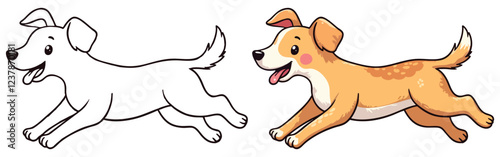 Cute Little Dog Coloring Page line art with fill colored sample Printable. Isolated on White Background Outline Vector Illustration. Bold and Easy Domestic Animal Coloring Pages for Adults and Kids