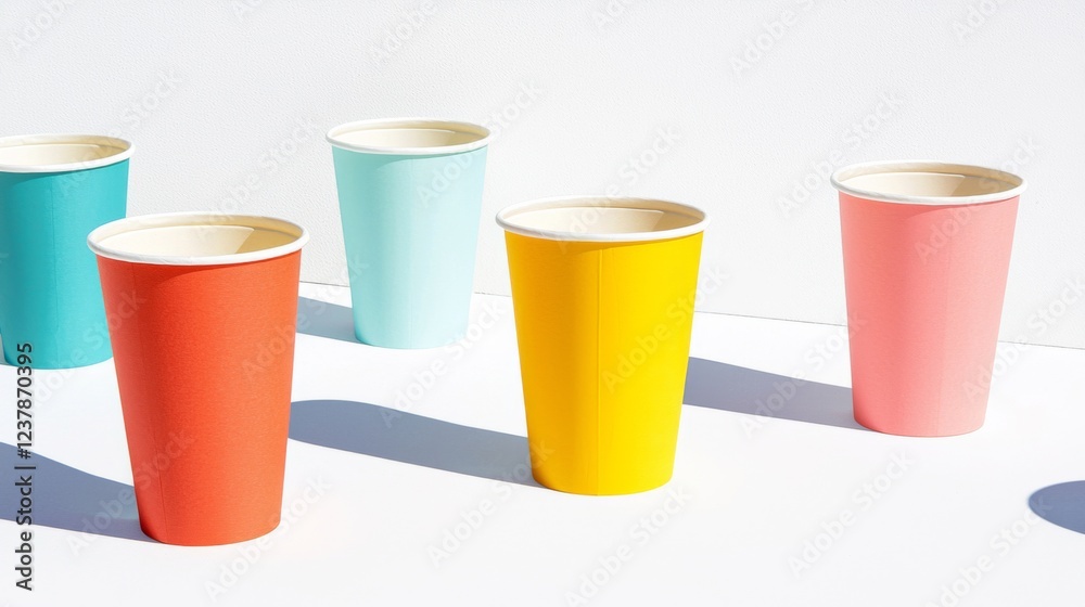 Colorful paper cups arranged on a white surface showcasing vibrant hues during a sunny day Colorful paper cups arranged on a white surface showcasing vibrant hues during a sunny day