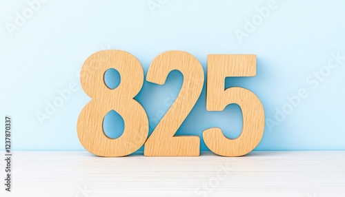 Wooden numbers 825 displayed on a light blue background with a clean surface