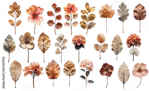 Set of dried leaves and flowers for herbarium on transparent background
