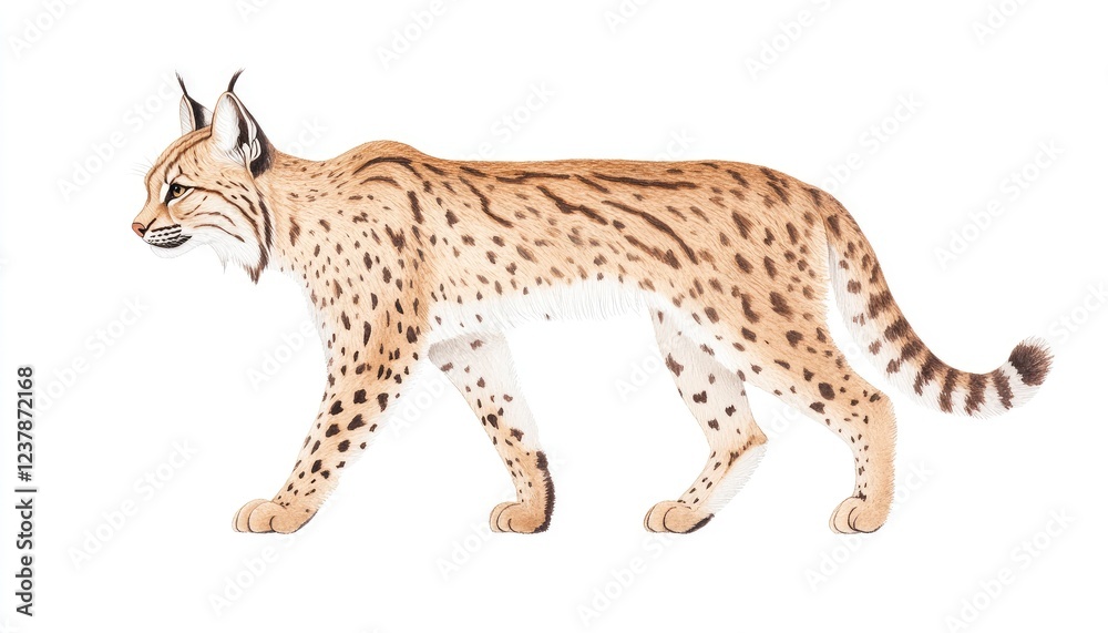 Obraz premium Realistic illustration of a lynx walking gracefully across a white background, showcasing its detailed fur