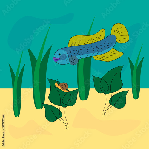 
Funny long fish. In a cartoon, children's style. Vector image.