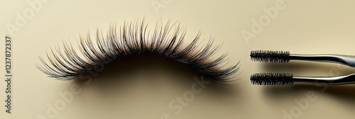 Luxury False Eyelashes and Mascara Applicators on Beige Background:  Enhance Your Beauty with Dramatic Lashes photo