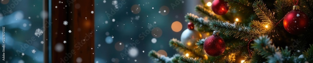 Snowflakes falling gently around a Christmas tree decorated with candles and ornaments, ornaments, christmas tree Snowflakes falling gently around a Christmas tree decorated with candles and ornaments, ornaments, christmas tree