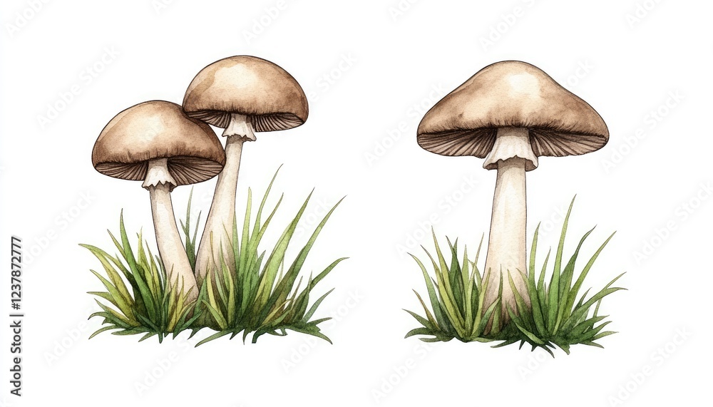 Three mushrooms growing amidst green grass, showcasing natural beauty in a serene environment Three mushrooms growing amidst green grass, showcasing natural beauty in a serene environment