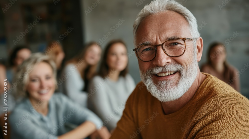 Smiling Elderly Man with Glasses Surrounded by Engaging Group of Diverse Women in Cozy Indoor Setting: A Moment of Connection and Joy Smiling Elderly Man with Glasses Surrounded by Engaging Group of Diverse Women in Cozy Indoor Setting: A Moment of Connection and Joy