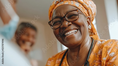 Joyful Moment of an Elderly Woman Enjoying Life with Friends in a Bright Environment: Celebrating Togetherness, Laughter, and Community Spirit photo